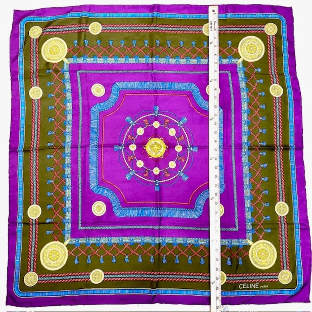 Vgt Celine Paris 100% Silk Scarf Satin 32" purple blue olive red twine tassel(44 - Picture 11 of 15